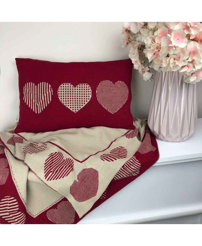 Two-Sided Beige And Red Knitted Blanket With Hearts Pattern | Present Idea, Festive Home Textile, Living Room Decor