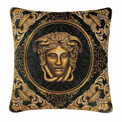 Baroque Style Tapestry Pillowcase With The Head Pattern | Black Cotton Pillow Cover With Gold Baroque Scroll Work Pattern, Luxury Home Decor