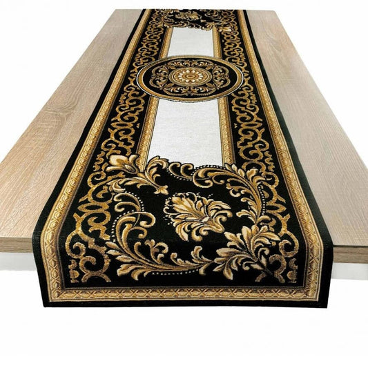 Black, Gold And White Tapestry Table Runner With A Medallion In Baroque Style | Luxury Home Decor, Golden Circle Pattern Textile, Gift Idea