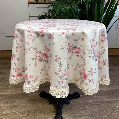 White Round Cotton Tablecloth With Pink Roses Pattern And Lace Edging | Festive Kitchen Textile Set, Home Decor, Housewarming Present Idea