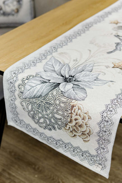 Silver Tapestry Table Runner With Reindeers And Poinsettia Flower Pattern | Christmas Festive Home Decor, Housewarming Gift Idea