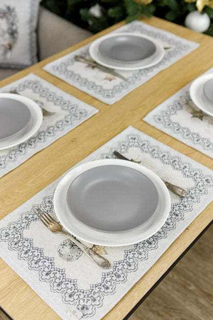 Set of Four Silver Tapestry Placemats With Christmas Decor Pattern | Festive Home Decor, Housewarming Gift Idea
