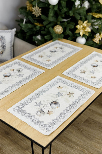 Set of Four Silver Tapestry Placemats With Christmas Decor Pattern | Festive Home Decor, Housewarming Gift Idea