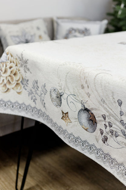 Silver Christmas Tapestry Tablecloth With Reindeers And X-mas Decorations Pattern | Festive Winter Holidays Textile Set