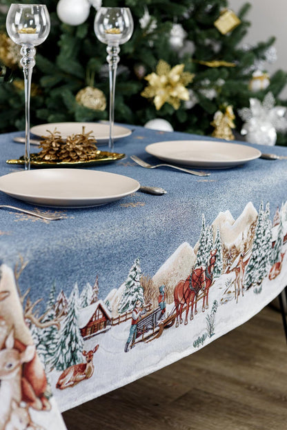 Blue Christmas Tapestry Tablecloth With Reindeers, Golden Snowflakes And A Hut In Winter Forest Pattern | Festive New Year Home Decor