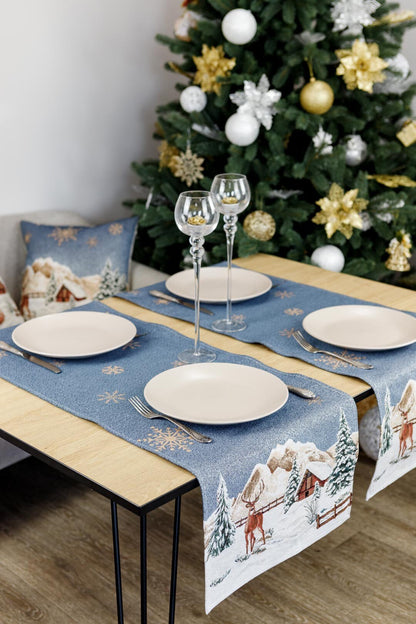 Blue Christmas Tapestry Table Runner With Reindeers, Golden Snowflakes And A Hut In Winter Forest Pattern | Festive New Year Home Decor