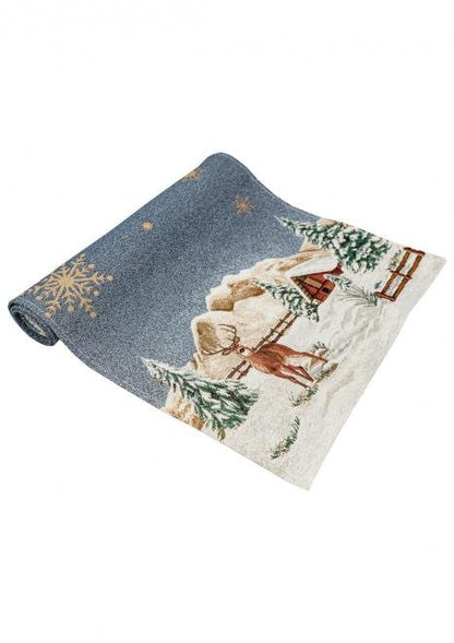 Blue Christmas Tapestry Table Runner With Reindeers, Golden Snowflakes And A Hut In Winter Forest Pattern | Festive New Year Home Decor