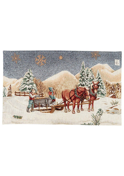Set of Four Blue Christmas Tapestry Placemats With Winter Sled And Horses, Children And Golden Snowflakes Pattern | Festive New Year Home Decor