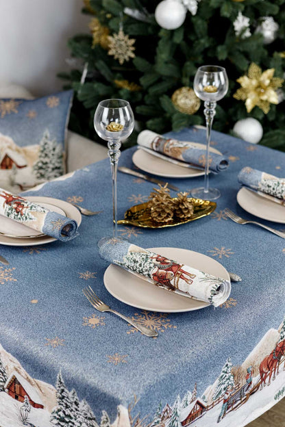 Set of Four Blue Christmas Tapestry Placemats With Winter Sled And Horses, Children And Golden Snowflakes Pattern | Festive New Year Home Decor