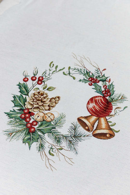 White Christmas Tapestry Tablecloth With Winter City, Snowy Houses Pattern | New Year Wreath Print, Housewarming Gift