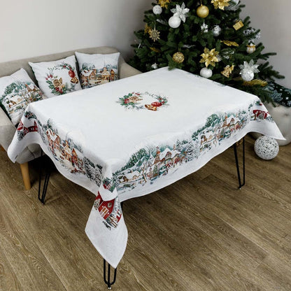White Christmas Tapestry Tablecloth With Winter City, Snowy Houses Pattern | New Year Wreath Print, Housewarming Gift