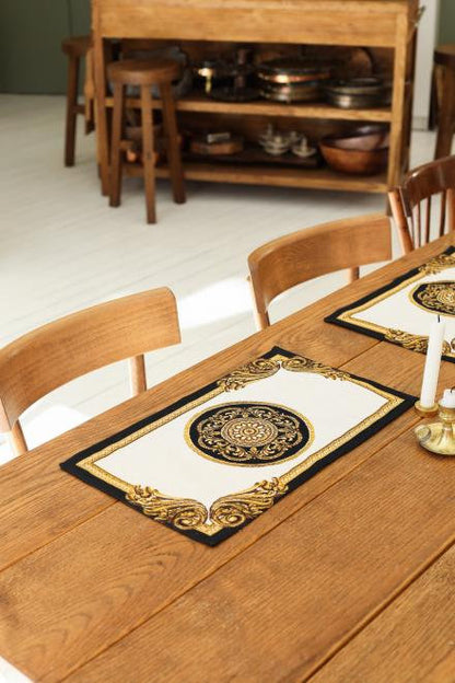 4 Baroque Style Tapestry Placemats With Medallion Pattern | White Cotton Golden Circle Napkin, Luxury Kitchen, Living Room Home Decor