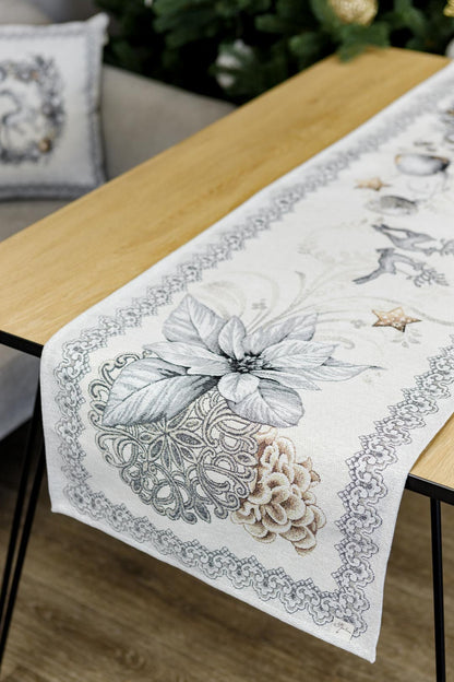 Silver Tapestry Table Runner With Reindeers And Poinsettia Flower Pattern | Christmas Festive Home Decor, Housewarming Gift Idea