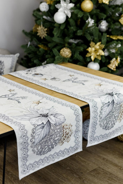 Silver Tapestry Table Runner With Reindeers And Poinsettia Flower Pattern | Christmas Festive Home Decor, Housewarming Gift Idea