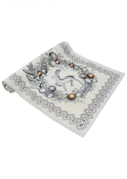 Silver Tapestry Table Runner With Reindeers And Poinsettia Flower Pattern | Christmas Festive Home Decor, Housewarming Gift Idea