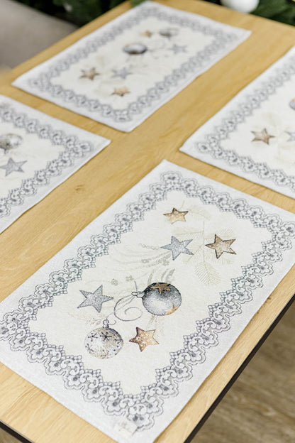 Set of Four Silver Tapestry Placemats With Christmas Decor Pattern | Festive Home Decor, Housewarming Gift Idea