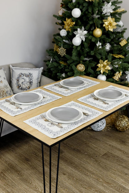 Set of Four Silver Tapestry Placemats With Christmas Decor Pattern | Festive Home Decor, Housewarming Gift Idea