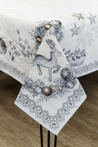 Silver Christmas Tapestry Tablecloth With Reindeers And X-mas Decorations Pattern | Festive Winter Holidays Textile Set