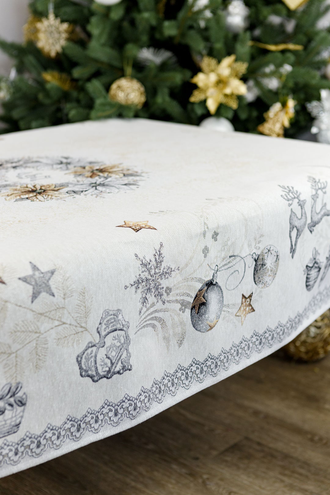 Silver Christmas Tapestry Tablecloth With Reindeers And X-mas Decorations Pattern | Festive Winter Holidays Textile Set