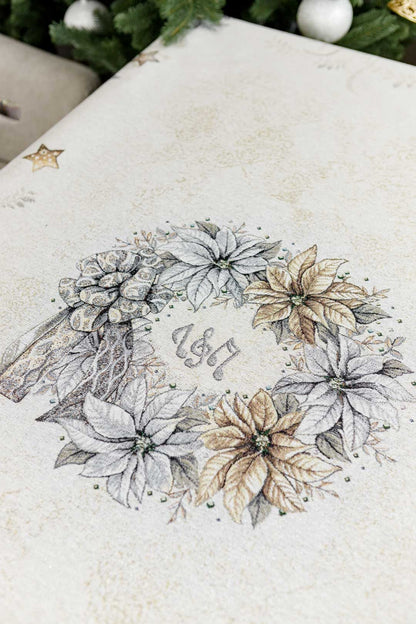 Silver Christmas Tapestry Tablecloth With Reindeers And X-mas Decorations Pattern | Festive Winter Holidays Textile Set