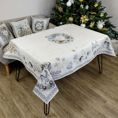 Silver Christmas Tapestry Tablecloth With Reindeers And X-mas Decorations Pattern | Festive Winter Holidays Textile Set
