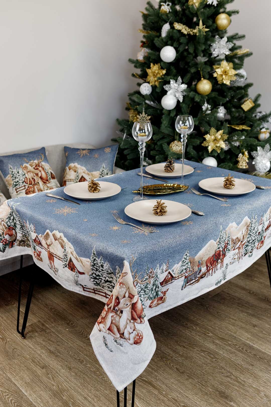 Blue Christmas Tapestry Tablecloth With Reindeers, Golden Snowflakes And A Hut In Winter Forest Pattern | Festive New Year Home Decor