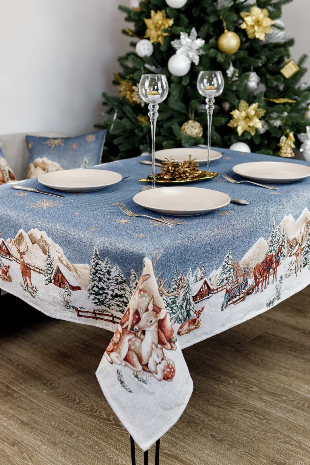 Blue Christmas Tapestry Tablecloth With Reindeers, Golden Snowflakes And A Hut In Winter Forest Pattern | Festive New Year Home Decor