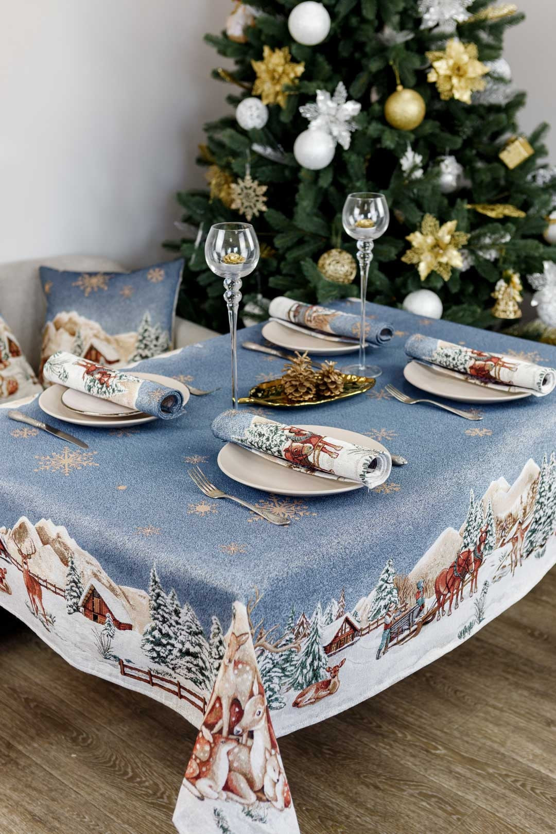 Blue Christmas Tapestry Tablecloth With Reindeers, Golden Snowflakes And A Hut In Winter Forest Pattern | Festive New Year Home Decor