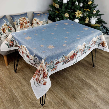 Blue Christmas Tapestry Tablecloth With Reindeers, Golden Snowflakes And A Hut In Winter Forest Pattern | Festive New Year Home Decor