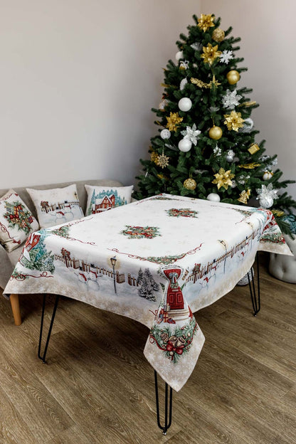 White Velour Tapestry Tablecloth With Snowman And Christmas Wreath Pattern | Festive Winter Holidays Textile Set, Housewarming Gift