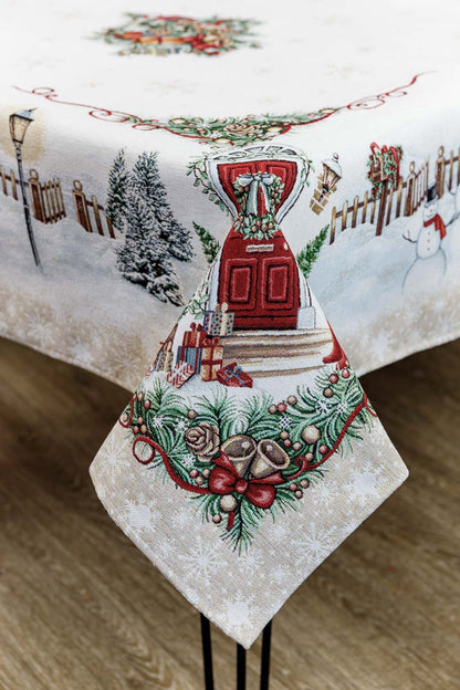 White Velour Tapestry Tablecloth With Snowman And Christmas Wreath Pattern | Festive Winter Holidays Textile Set, Housewarming Gift