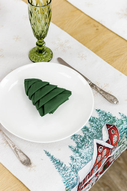 White Tapestry Velours Table Runner With Big Red House And Snowflakes Pattern | Festive Winter Holidays Home Decor