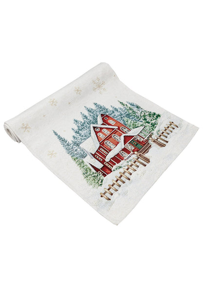 White Tapestry Velours Table Runner With Big Red House And Snowflakes Pattern | Festive Winter Holidays Home Decor