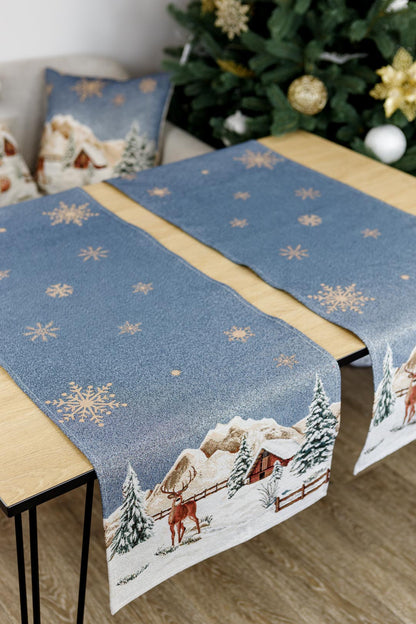 Blue Christmas Tapestry Table Runner With Reindeers, Golden Snowflakes And A Hut In Winter Forest Pattern | Festive New Year Home Decor