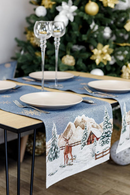 Blue Christmas Tapestry Table Runner With Reindeers, Golden Snowflakes And A Hut In Winter Forest Pattern | Festive New Year Home Decor