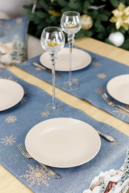 Blue Christmas Tapestry Table Runner With Reindeers, Golden Snowflakes And A Hut In Winter Forest Pattern | Festive New Year Home Decor