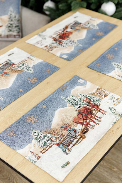 Set of Four Blue Christmas Tapestry Placemats With Winter Sled And Horses, Children And Golden Snowflakes Pattern | Festive New Year Home Decor