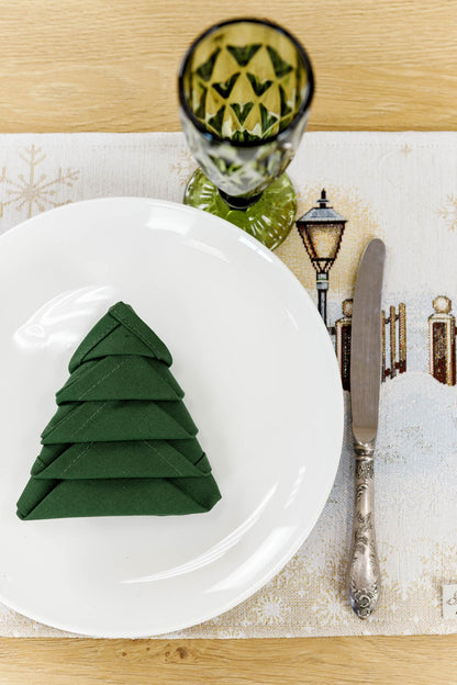 Set of Four White Tapestry Christmas Placemats With Snowmen And Golden Snowflakes Pattern | Festive Winter Holidays Textile Set