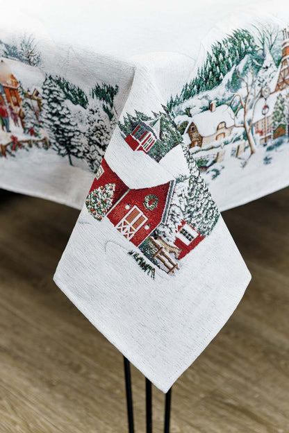 White Christmas Tapestry Tablecloth With Winter City, Snowy Houses Pattern | New Year Wreath Print, Housewarming Gift