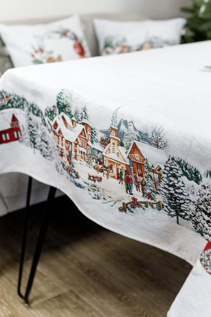 White Christmas Tapestry Tablecloth With Winter City, Snowy Houses Pattern | New Year Wreath Print, Housewarming Gift