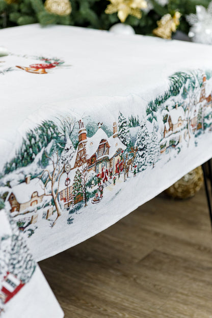 White Christmas Tapestry Tablecloth With Winter City, Snowy Houses Pattern | New Year Wreath Print, Housewarming Gift