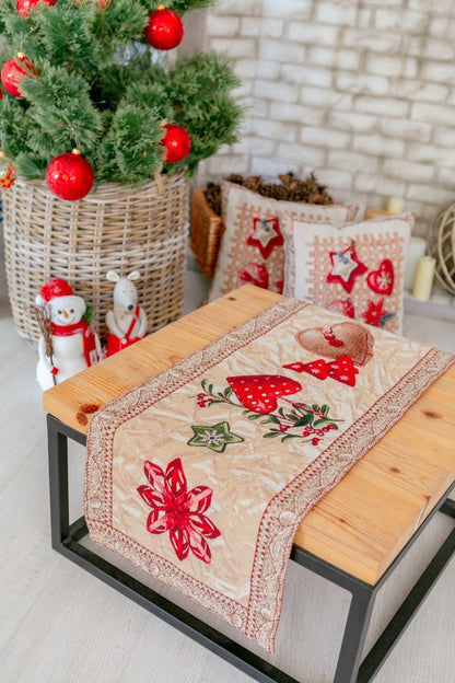 Beige Tapestry Tablecloth With Red Christmas Decorations Pattern | New Year Home Decor, Festive Textile Set, Present Idea For Family, Friends