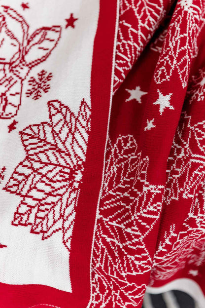 Red Knitted Christmas Pillowcase With Poinsettia Flower, Bells And Snowflakes Pattern | Festive Warm Winter Textile Set, Housewarming Gift