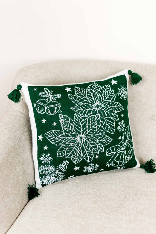 Green Knitted Christmas Pillowcase With Poinsettia Flower, Bells And Snowflakes Pattern | Festive Warm Winter Textile Set, Housewarming Gift