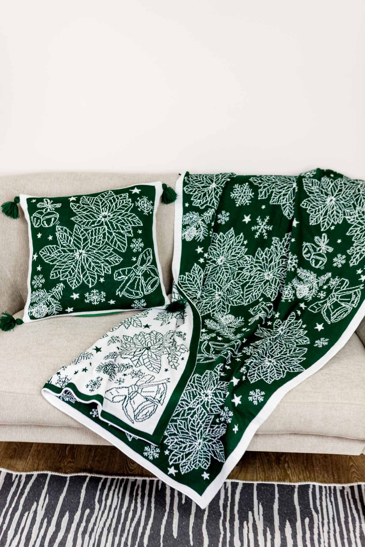 Green Knitted Christmas Pillowcase With Poinsettia Flower, Bells And Snowflakes Pattern | Festive Warm Winter Textile Set, Housewarming Gift