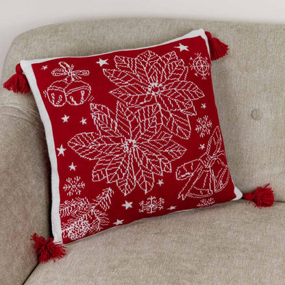 Red Knitted Christmas Pillowcase With Poinsettia Flower, Bells And Snowflakes Pattern | Festive Warm Winter Textile Set, Housewarming Gift