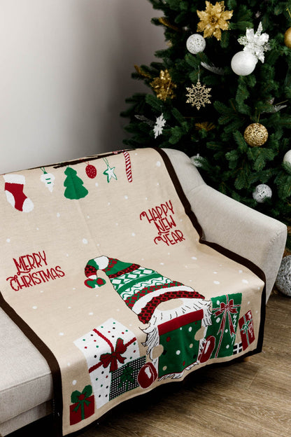 Christmas Blanket With Holiday Gnome And Presents Pattern | Merry Christmas Words Print Blanket, Housewarming Present
