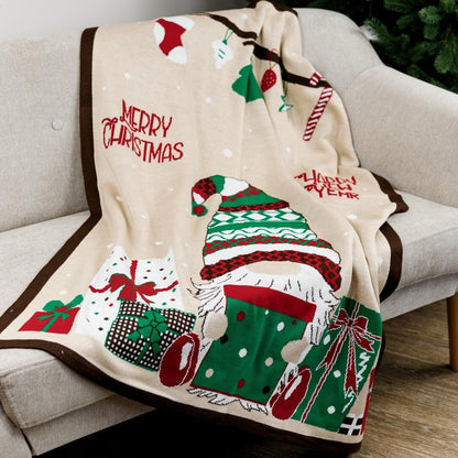 Christmas Blanket With Holiday Gnome And Presents Pattern | Merry Christmas Words Print Blanket, Housewarming Present