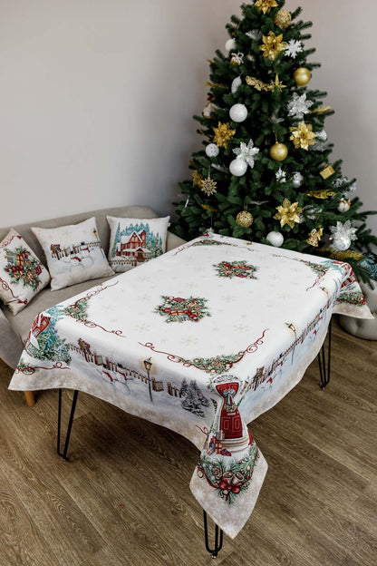 White Velour Tapestry Tablecloth With Snowman And Christmas Wreath Pattern | Festive Winter Holidays Textile Set, Housewarming Gift