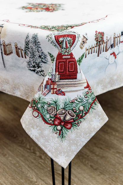 White Velour Tapestry Tablecloth With Snowman And Christmas Wreath Pattern | Festive Winter Holidays Textile Set, Housewarming Gift